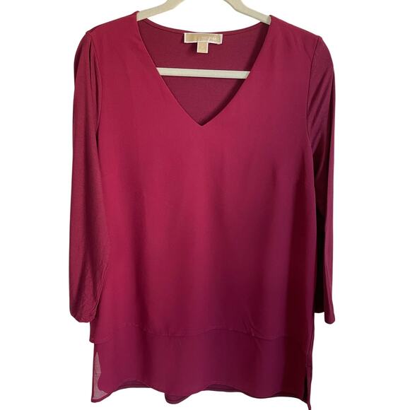 Michael Michael Kors Top Mixed Media Layered Blouse Size Med V-Neck Burgundy - Picture 1 of 10